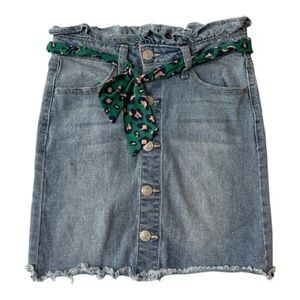 Vigoss Girls Denim Skirt Size 12 Paperbag Waist Leopard Belt Raw Hem
